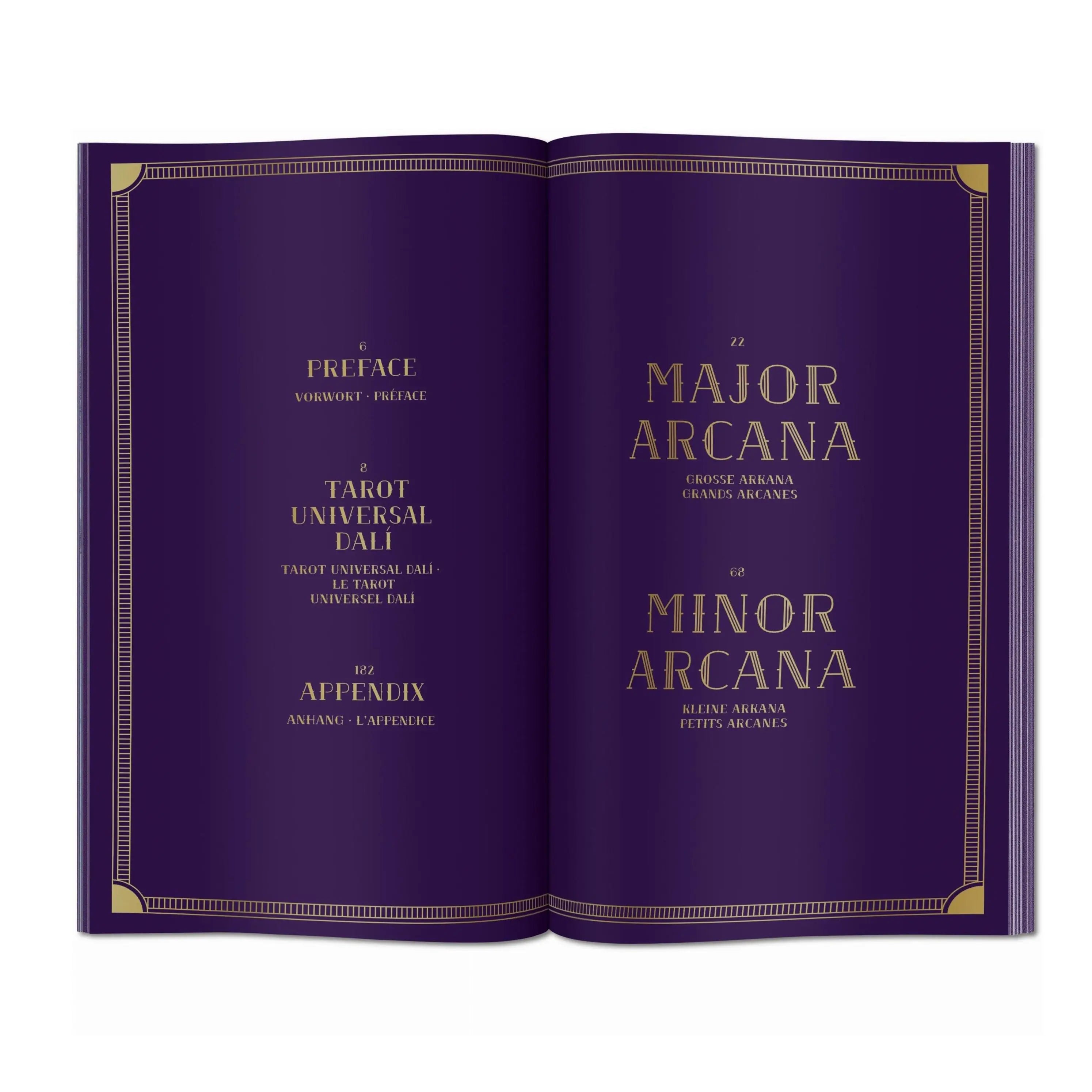 Un libro abierto con páginas moradas y texto dorado que muestra el índice.