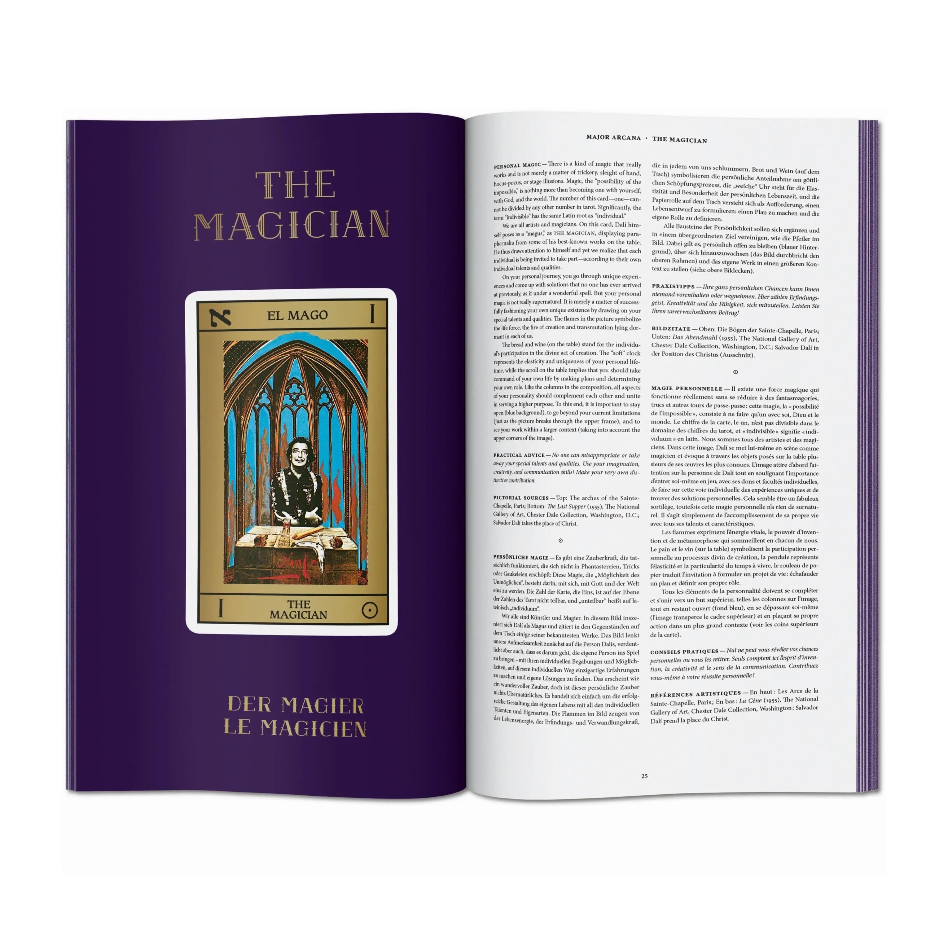 Un libro abierto muestra una carta de tarot de El Mago y texto explicativo.