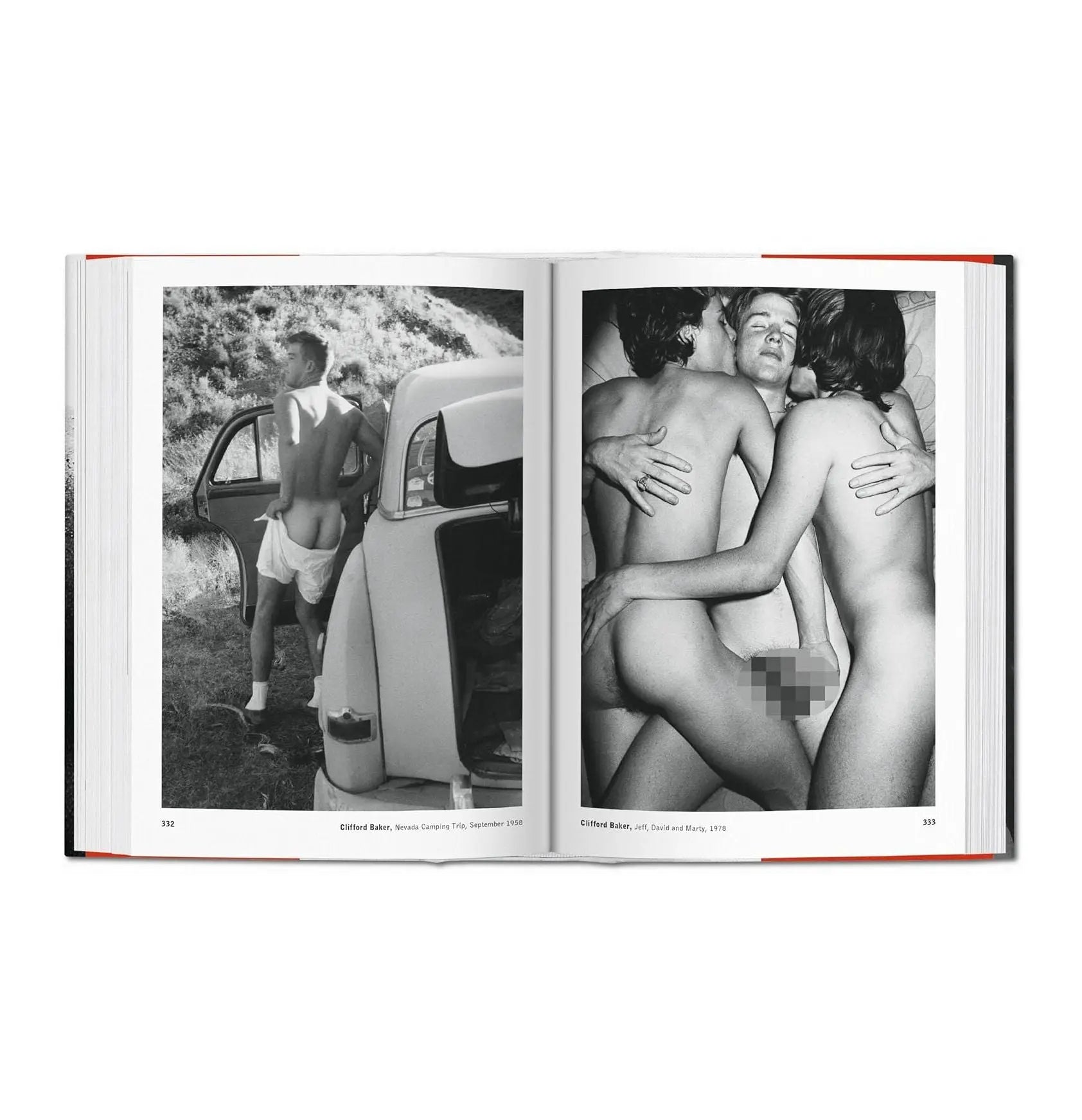 An open book displays two black and white photos of men.