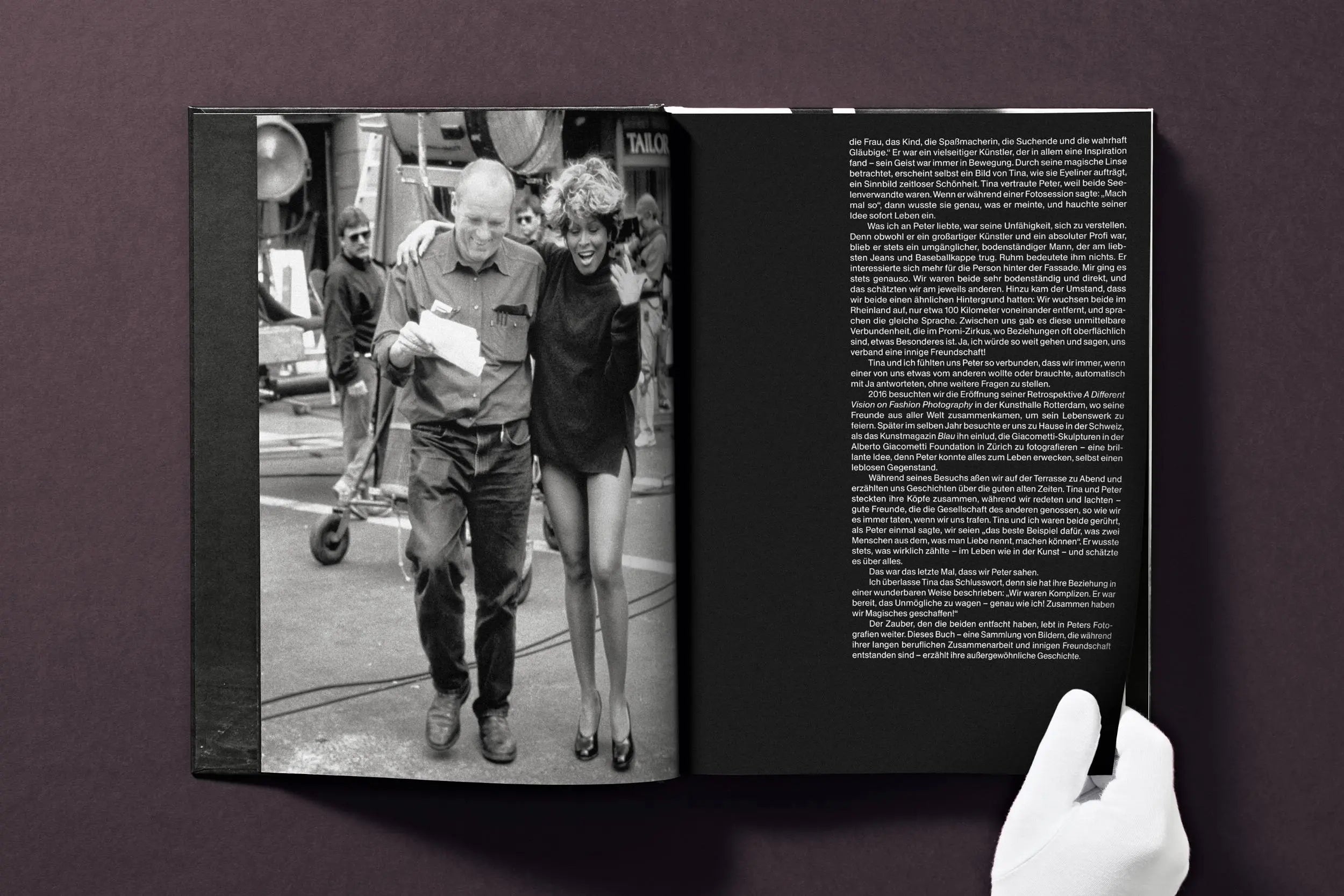 A black and white photo of Tina Turner and Peter Lindbergh in a book.