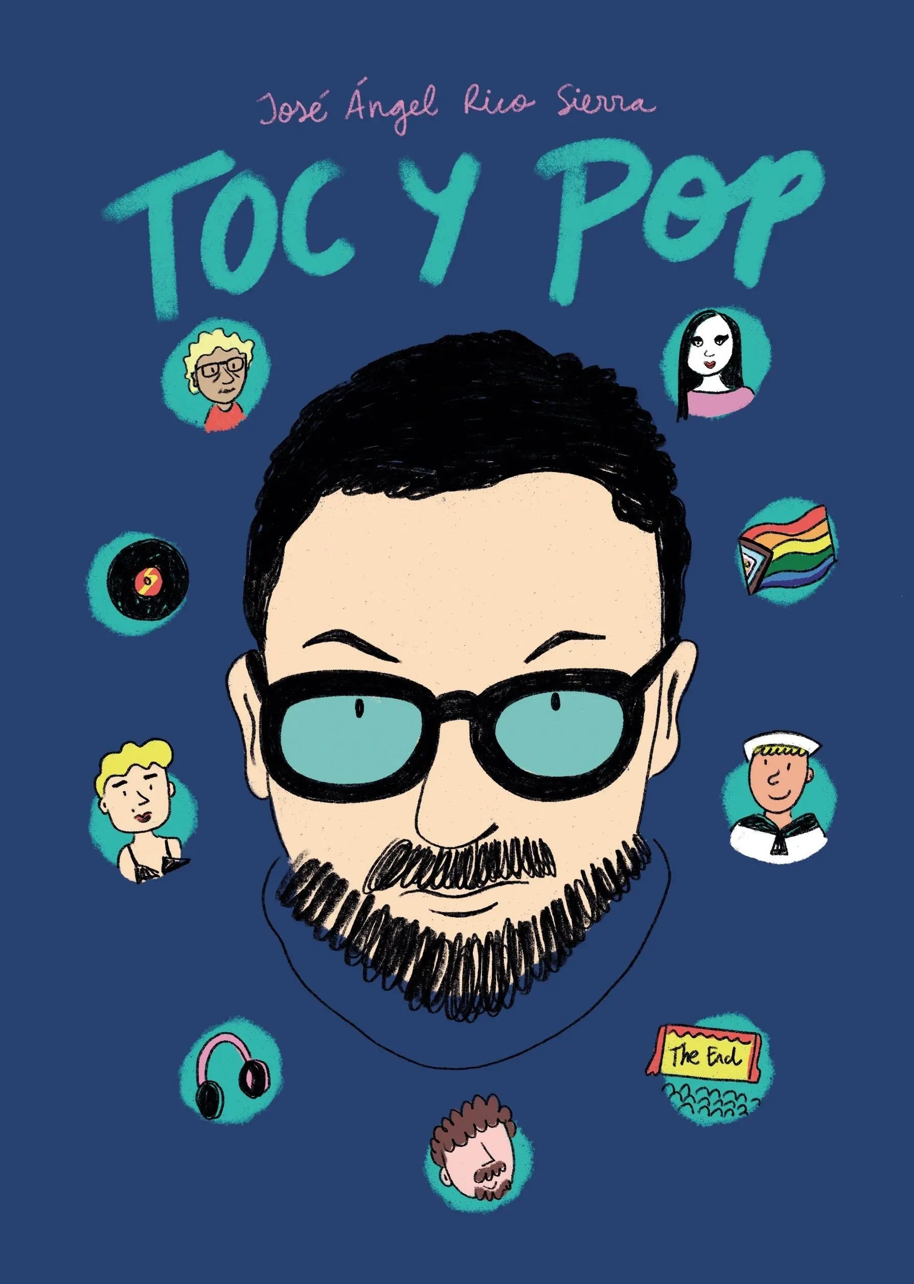 Ilustración de un hombre con gafas y barba, rodeado de iconos pop y personales.