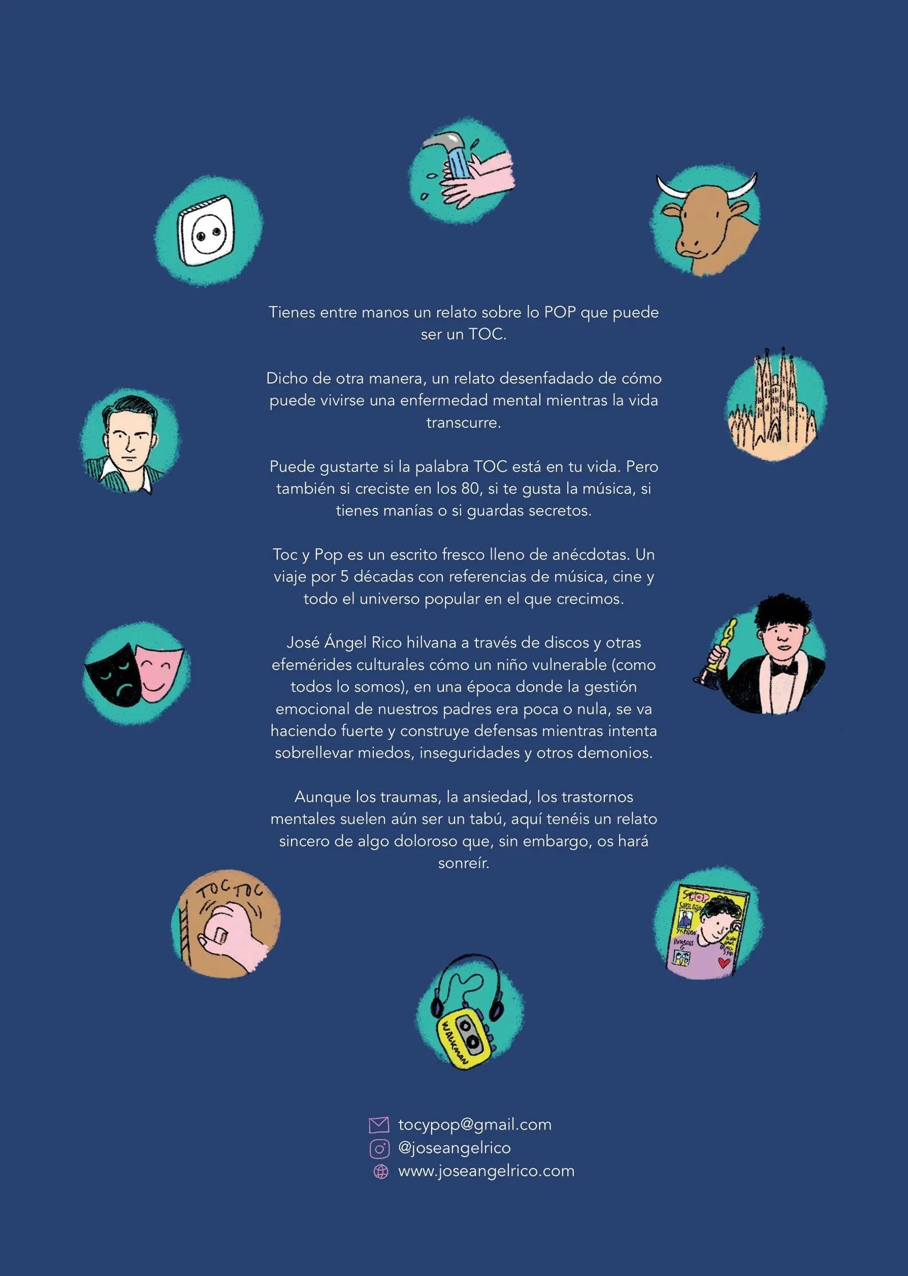 Un cartel azul oscuro con texto blanco y diez ilustraciones de objetos y personas.