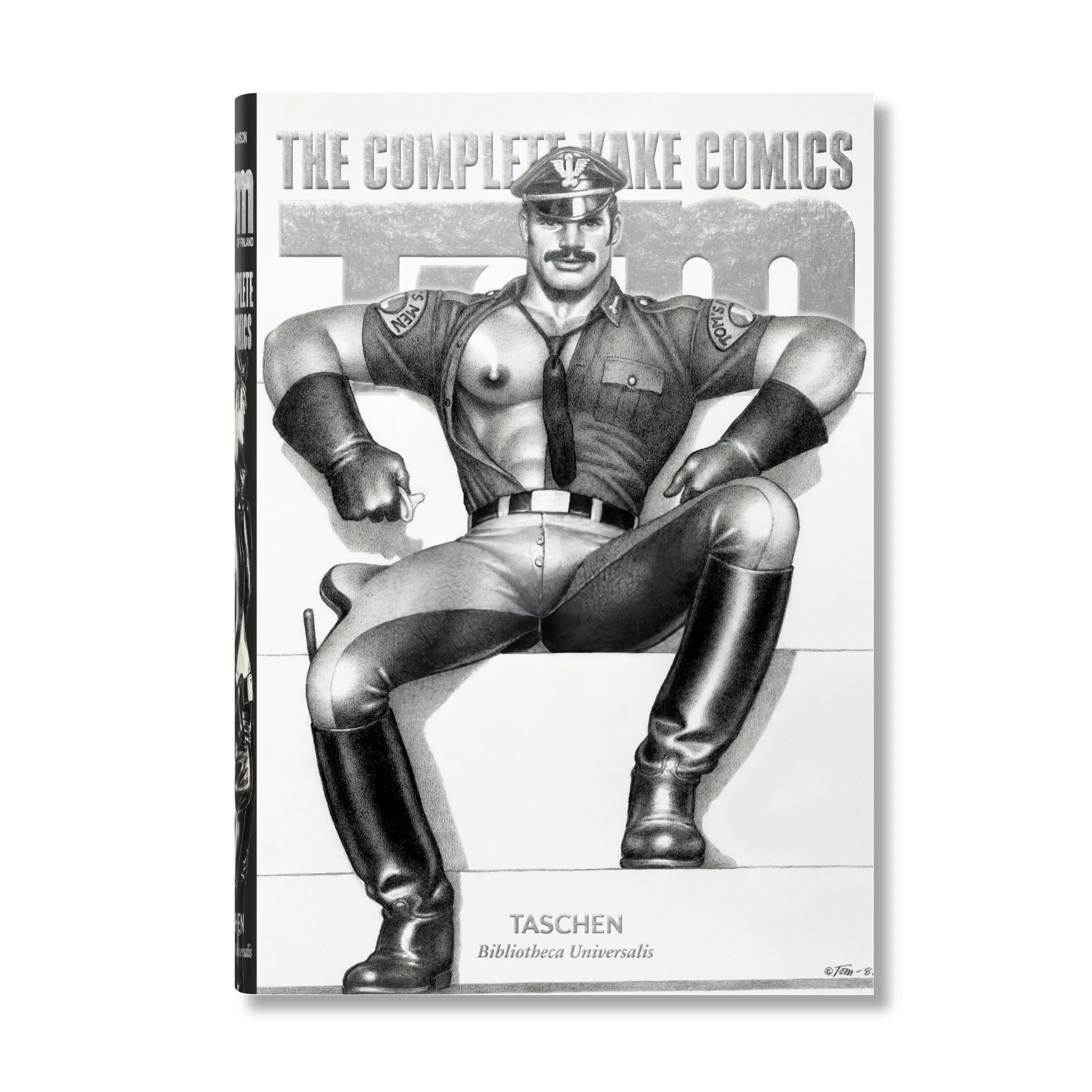 Un libro de tapa dura con una ilustración en blanco y negro de un hombre musculoso.